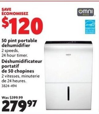 Home Hardware 50 pint portable dehumidifier 2 speeds, 24 hour timer. offer
