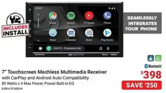 Visions Electronics 7" Touchscreen Mechless Multimedia Receiver with CarPlay and Android Auto Compatibility offer