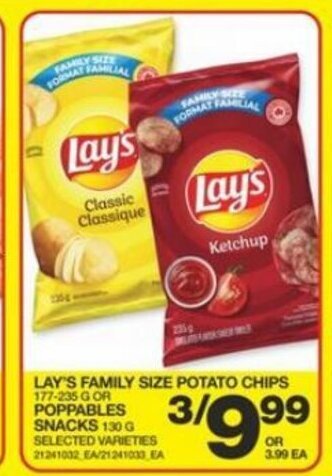 Extra Foods LAY'S FAMILY SIZE POTATO CHIPS 177-235 GOR POPPABLES SNACKS 130 G SELECTED VARIETIES 21241032 EA/21241033 EA offer