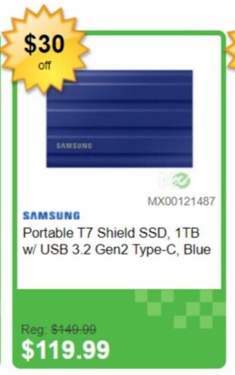 Memory Express SAMSUNG Portable T7 Shield SSD, 1TB w/ USB 3.2 Gen2 Type-C, Blue offer