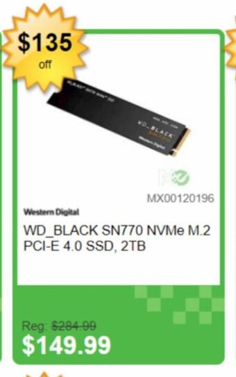 Memory Express Western Digital WD_BLACK SN770 NVMe M.2 PCI-E 4.0 SSD, 2TB offer