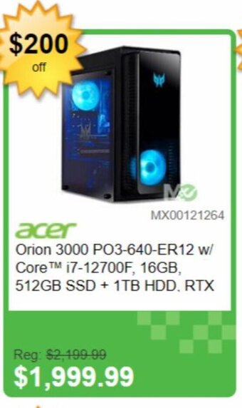 Memory Express acer Orion 3000 PO3-640-ER12 w/ CoreTM i7-12700F, 16GB, 512GB SSD + 1TB HDD. RTX offer
