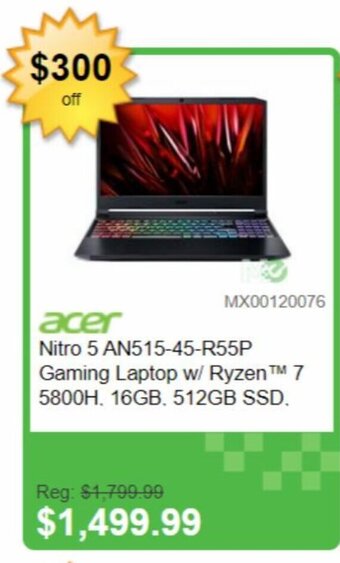 Memory Express acer Nitro 5 AN515-45-R55P Gaming Laptop w/ Ryzen™ 7 5800H, 16GB, 512GB SSD. offer