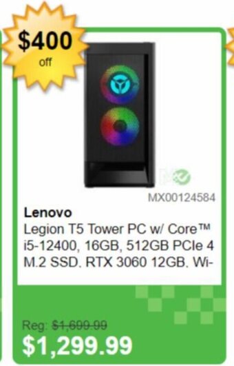 Memory Express Lenovo Legion T5 Tower PC w/ Core™ i5-12400, 16GB, 512GB PCIe 4 M.2 SSD. RTX 3060 12GB. Wi- offer