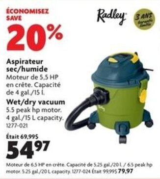 Home Hardware Wet/dry vacuum 5.5 peak hp motor. 4 gal./15 L capacity. offer
