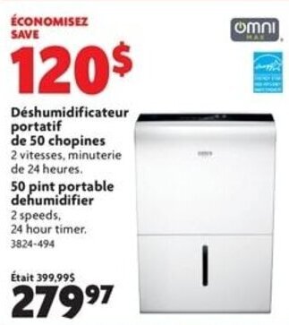 Home Hardware 50 pint portable dehumidifier 2 speeds, 24 hour timer offer