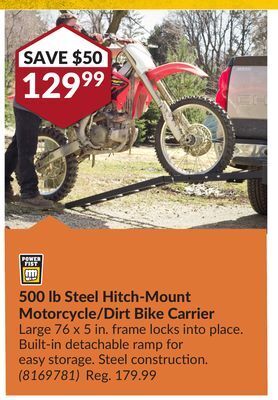 Princess Auto 500 lb steel hitch-mount motorcycle/dirt bike carrier offer