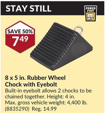 Princess Auto 8 x 5 in. rubber wheel chock with eyebolt offer