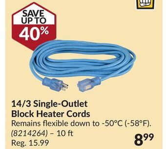 Princess Auto 14/3 single-outlet block heater cords offer