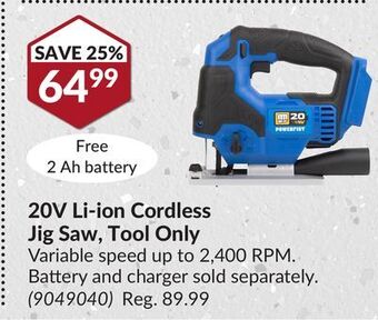 Princess Auto 20v li-ion cordless jig saw, tool only offer