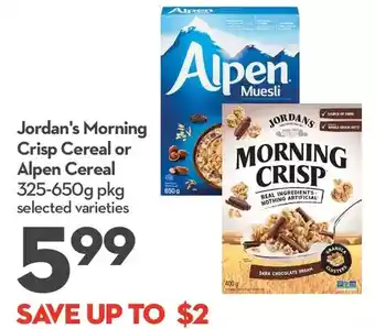 Longo's Jordan's morning crisp cereal or alpen cereal offer