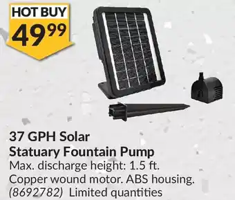 Princess Auto 37 GPH Solar Statuary Fountain Pump Max. discharge height: 1.5 ft. Copper wound motor. ABS housing. offer