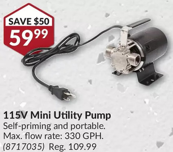 Princess Auto 115V Mini Utility Pump Self-priming and portable. Max. flow rate: 330 GPH. offer