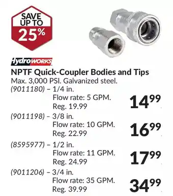 Princess Auto Hydroworks nptf quick-coupler bodies and tips offer