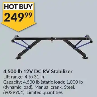 Princess Auto 4,500 lb 12V DC RV Stabilizer Lift range: 4 to 31 in. Capacity: 4,500 lb (static load); 1,000 lb Manual crank. Steel. offer
