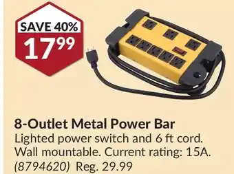 Princess Auto POWER FIST 8-Outlet Metal Power Bar Lighted power switch and 6 ft cord. Wall mountable. Current rating: 15A offer