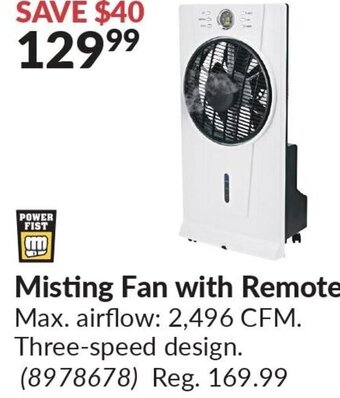 Princess Auto Misting Fan with Remote Max. airflow: 2,496 CFM. Three-speed design. offer