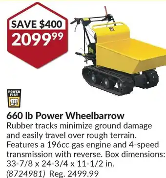 Princess Auto POWER FIST 660 lb Power Wheelbarrow Rubber tracks minimize ground damage and easily travel over rough terrain. offer