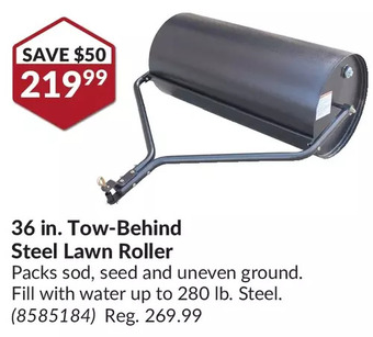 Princess Auto 36 in. Tow-Behind Steel Lawn Roller Packs sod, seed and uneven ground. Fill with water up to 280 lb. Steel. offer