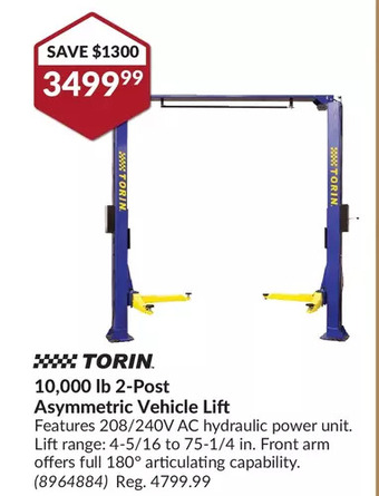 Princess Auto Torin 10,000 lb 2-post asymmetric vehicle lift offer