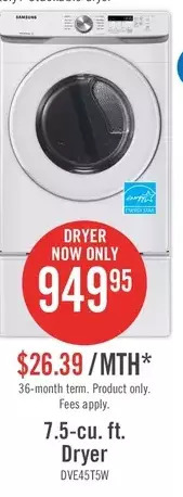 The Brick Samsung 7.5 cu. ft. front-load electric dryer - dve45t6005w/ac offer