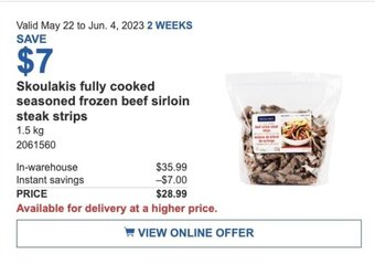 Costco Skoulakis fully cooked seasoned frozen beef sirloin steak strips offer