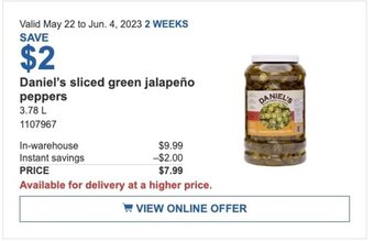Costco Daniel's sliced green jalapeño peppers offer