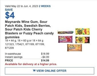 Costco Maynards Wine Gum, Sour Patch Kids, Swedish Berries, Sour Patch Kids Cherry Blasters or Fuzzy Peach candy gummies offer