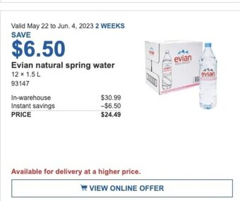 Costco Evian natural spring water offer