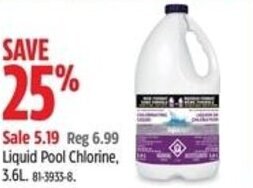 Canadian Tire Liquid Pool Chlorine, 3.6L. 81-3933-8. offer