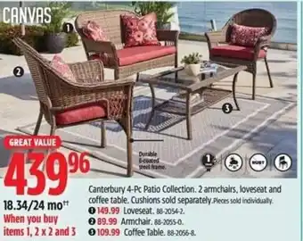 Canadian Tire CANVAS Canterbury 4-Pc Patio Collection. 2 armchairs, loveseat and coffee table. Cushions sold separately offer
