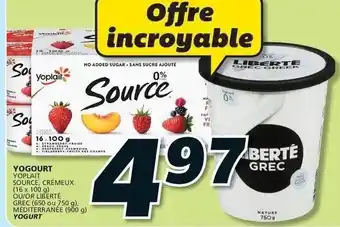 IGA YOPLAIT YOGOURT SOURCE, CRÉMEUX (16 X 100g) OU/OR LIBERTÉ GREC (650 ou 750 g), MEDITERRANÉE (900 g) offer