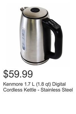 Costco Kenmore 1.7 l (1.8 qt) digital cordless kettle - stainless steel offer