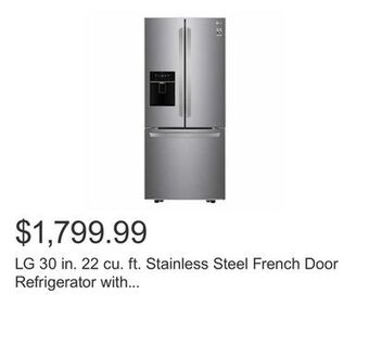 Costco Lg 30 in. 22 cu. ft. stainless steel french door refrigerator with external water dispenser and ice maker offer