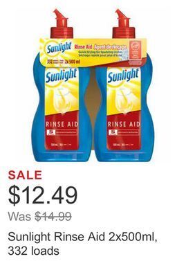 Costco Sunlight rinse aid 2x500ml, 332 loads offer