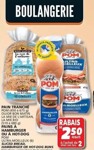 IGA POM ULTRA-MOELLEUX SLICED BREAD, HAMBURGER OR HOT-DOG BUNS offer