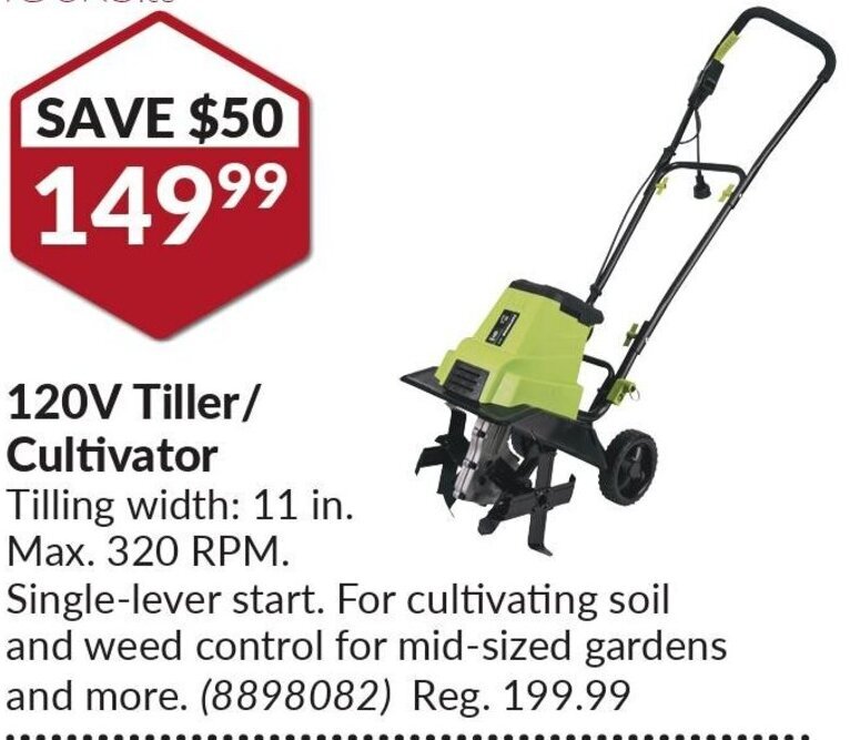 Princess Auto 120V Tiller/ Cultivator Tilling width: 11 in. Max. 320 RPM. offer