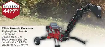 Princess Auto 270cc Towable Excavator Single-cylinder, 4-stroke OHV engine. Digging depth: 7 ft. Boom swing angle: 120°. offer