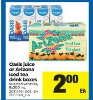 Real Canadian Superstore Oasis juice or arizona iced tea drink boxes offer