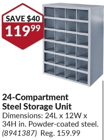 Princess Auto 24-Compartment Steel Storage Unit Dimensions: 24L x 12W x 34H in. Powder-coated steel. offer