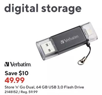 Staples Verbatim store 'n' go dual, 64 gb usb 3.0 flash drive offer