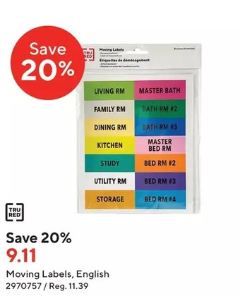 Staples Tru red moving labels, english offer
