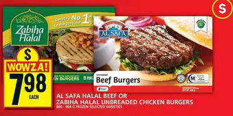 Food Basics Al safa halal beef or zabiha halal unbreaded chicken burgers offer