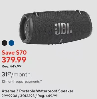 Staples Jbl xtreme 3 portable waterproof speaker offer