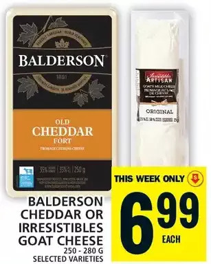 Food Basics Balderson cheddar or irresistibles goat cheese offer