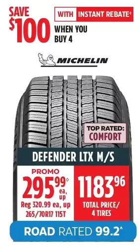 Canadian Tire Michelin defender ltx m/s tires offer
