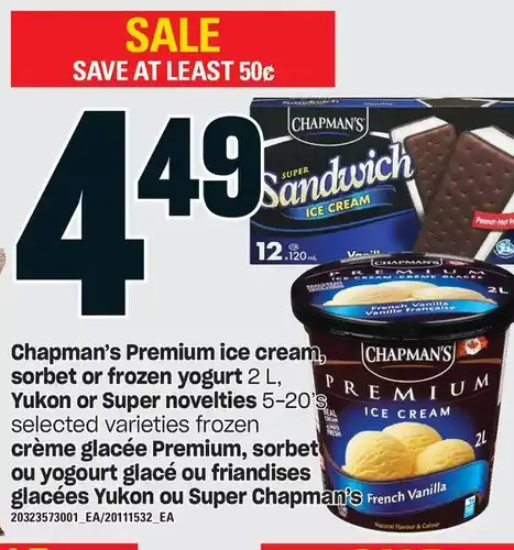 Independent Grocer Chapman's premium ice cream sorbet or frozen yogurt, yukon or super novelties offer