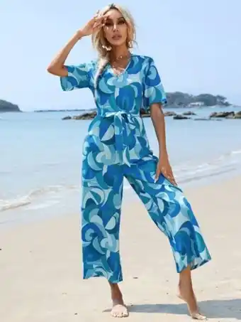 SheIn Shein vcay allover print belted wide leg jumpsuit offer