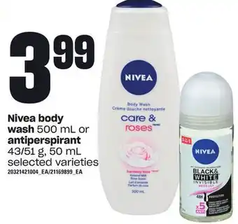 Loblaws Nivea body wash 500 ml or antiperspirant 43/51 g, 50 ml offer