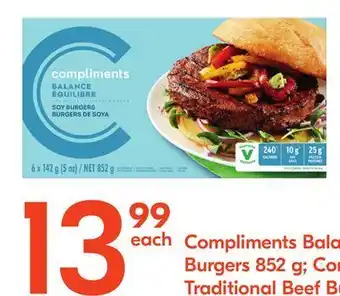 Sobeys Compliments balance soy burgers 852 g compliments traditional beef burgers 907 g offer